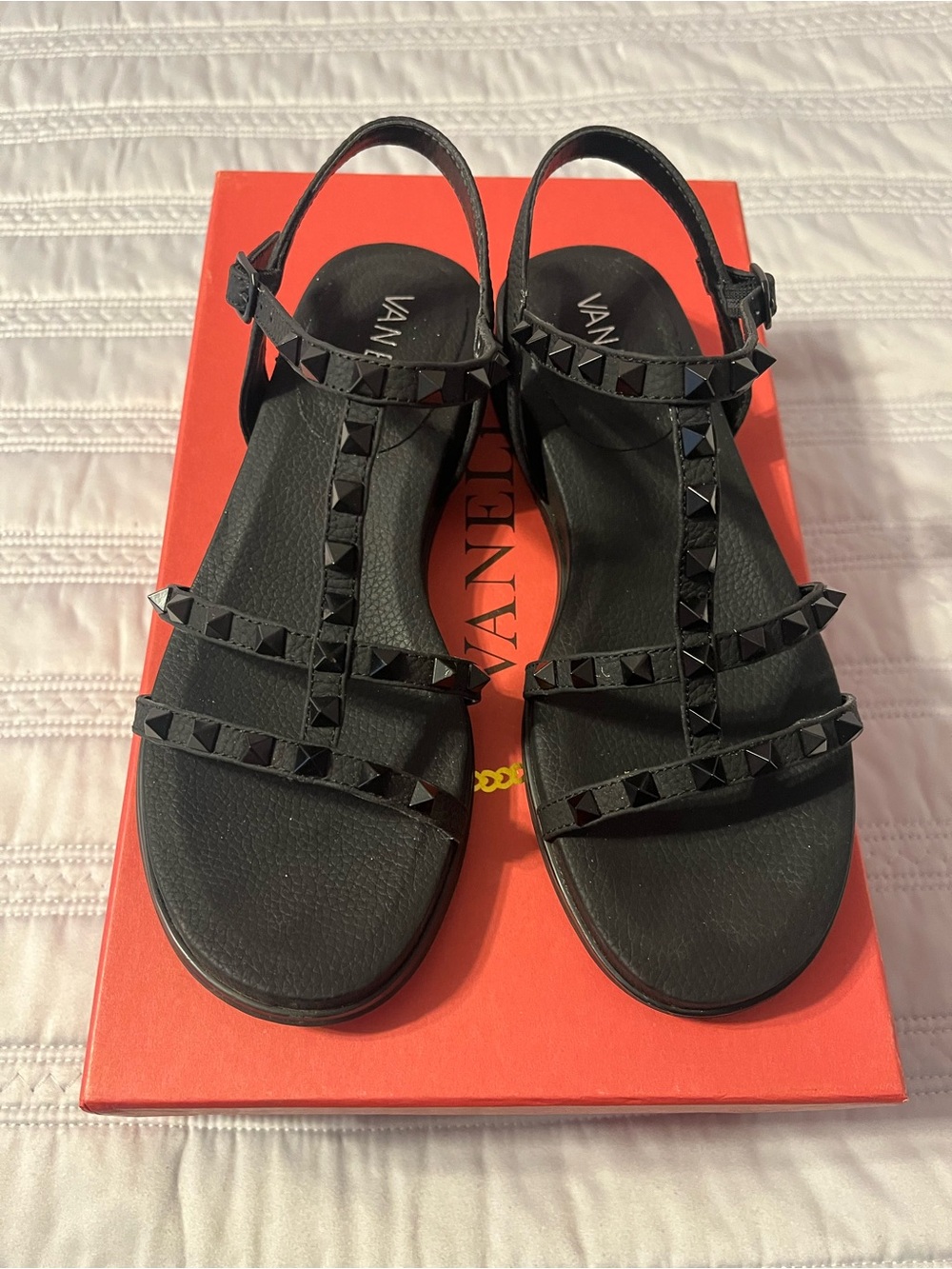 Vaneli Black Pyramid-Stud T-Strap Sandals